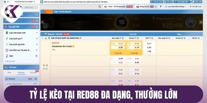 Tỷ lệ kèo tại Red88 đa dạng, thưởng lớn